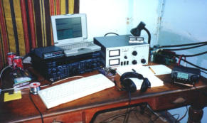 VP6BR radio shack with the FT1000MP, RTTY interface and the computer. On the right is the Emtron DX-1 HF amplifier and the IC706 MK11 radio for 6 meters.