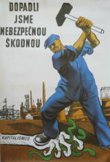 “Dopadli jsme nebezpečnou škodnou” means “We caught dangerous vermin” (1951)